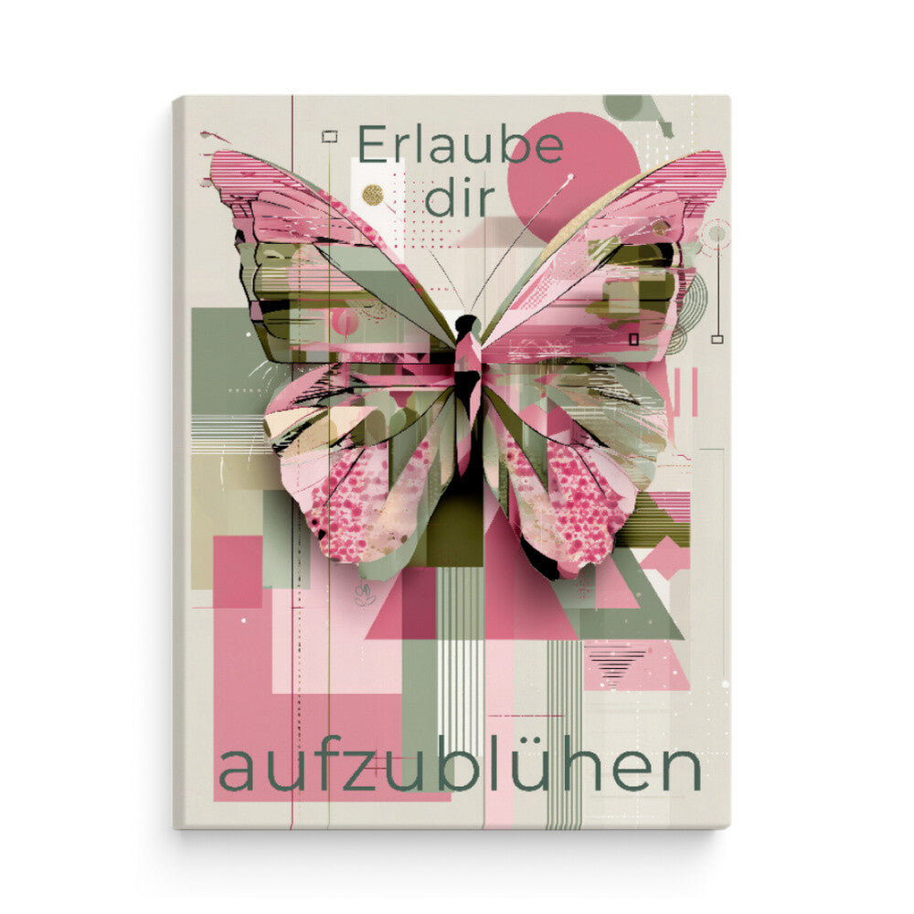 Modernes Wandbild mit Schmetterling und Schriftzug „Erlaube dir aufzublühen“, Motiv zur Motivation und Persönlichkeitsentwicklung.