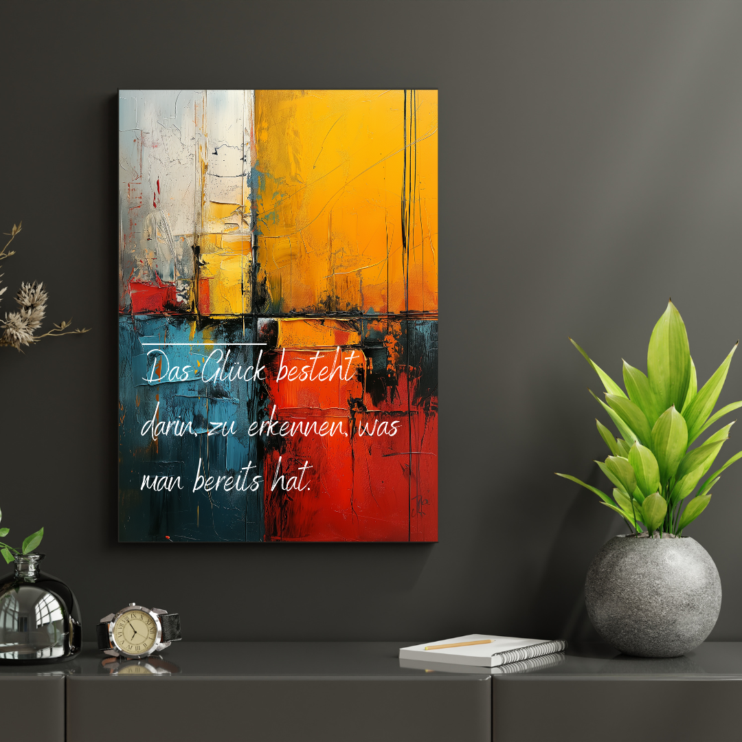 Motivierende Leinwand-Wandkunst mit deutschem Zitat über das Glück, sorgt für tägliche Inspiration und Wohlfühlatmosphäre.