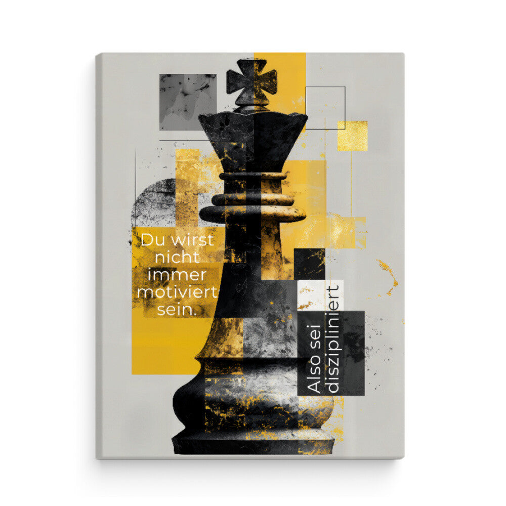 Schach-König als Symbol für Disziplin – Motivations-Leinwand, minimalistisch gestaltet, schwarz-weiß, für Büro oder Wohnzimmer. Inspirierende Wandkunst von INSPIRE-D.