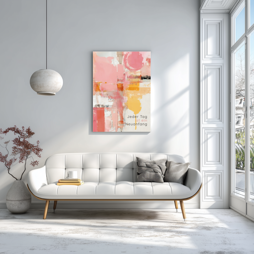 Abstraktes Leinwandbild „Neuanfang“ in Rosa und Gelb – modernes Motivationsbild für Wohnzimmer oder Büro
