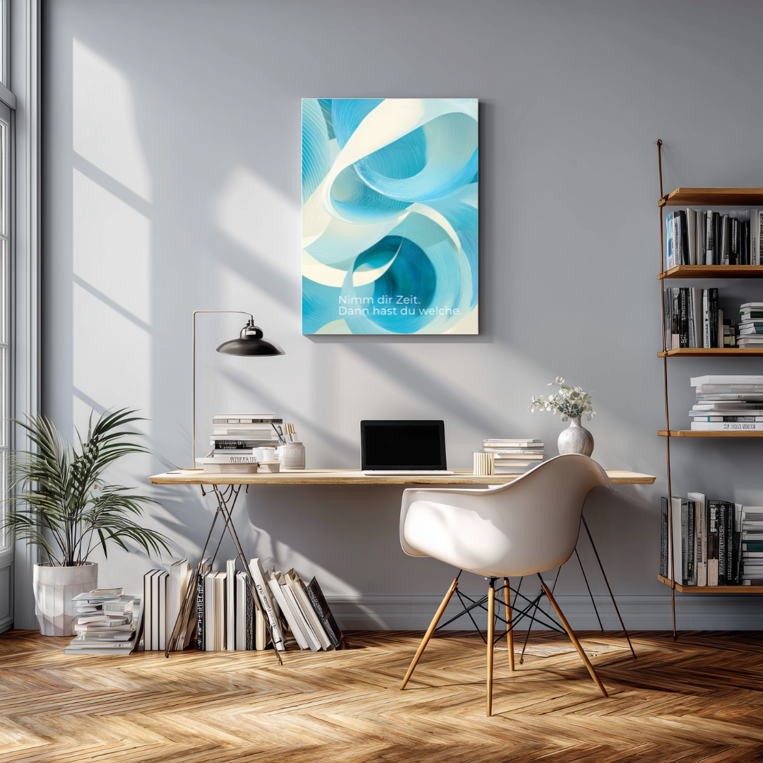 Leinwandbild „Nimm dir Zeit“ in Blau und Türkis als Wanddeko im Wohnzimmer, moderner Motivationsdruck