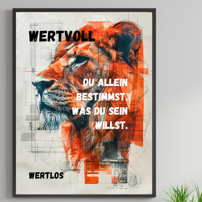 Modernes Wandbild mit einem grafischen Löwenmotiv und motivierendem Zitat zur Stärkung des Selbstwerts und Förderung von Individualität.