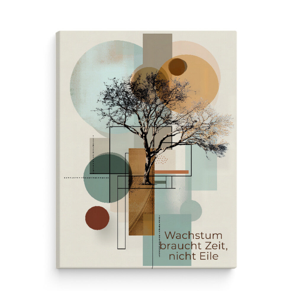 Stilvolles Wandbild mit filigranem Baum und Text „Wachstum braucht Zeit, nicht Eile“, Motiv zur Achtsamkeit und Motivation für nachhaltigen Erfolg.